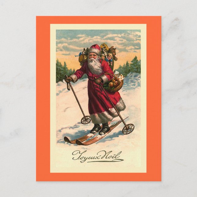 Vintage französische Karte "Santa on Skis" (Vorderseite)