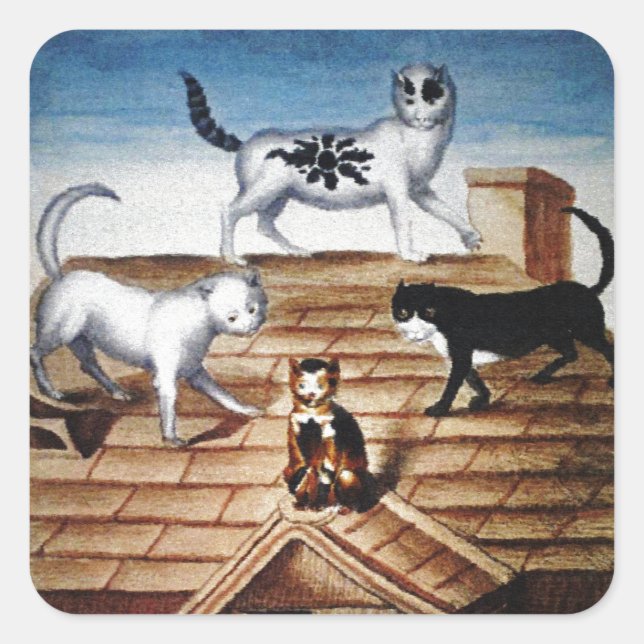 Vintage französische Katzen auf einem Dach Quadratischer Aufkleber (Vorderseite)