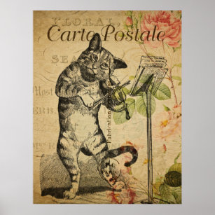 Vintage französische Kunstdruckerei, Katze und Fid Poster