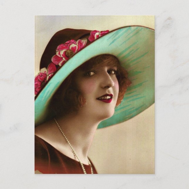 Vintage französische Lady mit Big Hat Postkarte (Vorderseite)