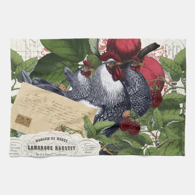 Vintage französische Land-Küchen-Huhn-Collage Geschirrtuch (Horizontal)