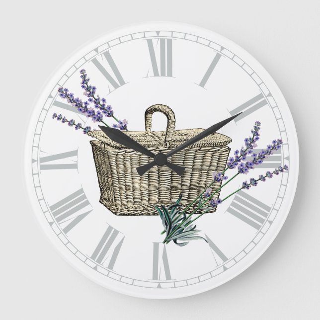 Vintage französische Lavender Basket Floral Große Wanduhr (Vorderseite)