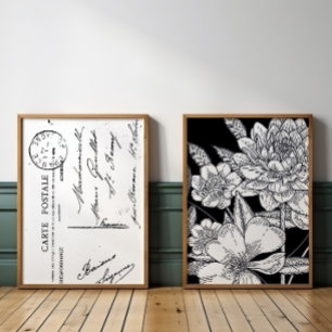 Vintage französische Postkarte Floral Bouquet Blac Bilderwand Sets