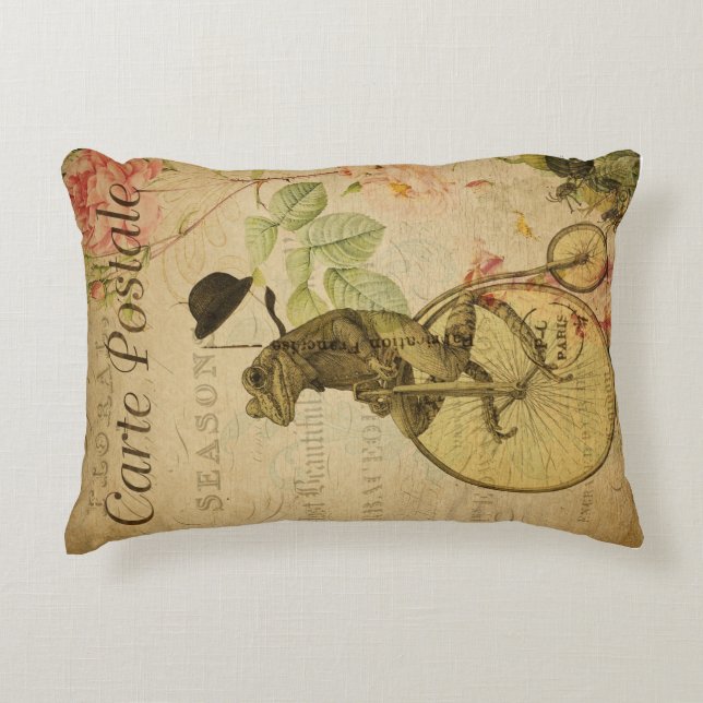 Vintage Französische Postkarte Frog Reiten Fahrrad Dekokissen (Vorderseite)