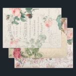 Vintage französische Rose Ephemera Decoupage Geschenkpapier Set<br><div class="desc">Elegantes romantisches Vintages Design mit rosa Rosen,  weißem filigranem Schriftrollen,  botanischen und skritischen Elementen,  verzierter französischer Uhr und gravierten Schriftrollen auf bedrängten Hintergründen. Schweres Gewicht als Gewebepapier und geeignet für die Herstellung/Entkoppelung von Projekten.</div>