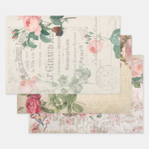 Vintage französische Rose Ephemera Decoupage Geschenkpapier Set