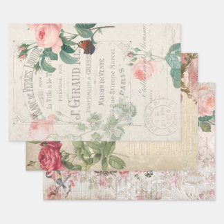 Vintage französische Rose Ephemera Decoupage Geschenkpapier Set