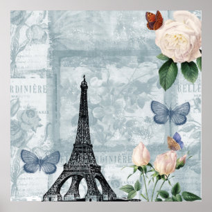 Vintage französische Schmetterlinge und Rose Poster