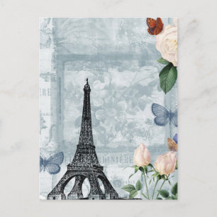 Vintage französische Schmetterlinge und Rose Postkarte