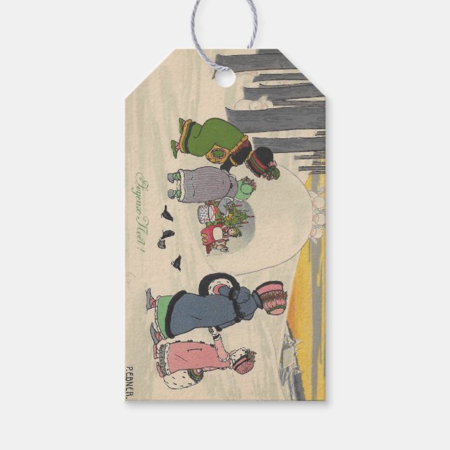 Vintage französische Schneemänner Weihnachtsgesche Geschenkanhänger (Vorderseite)