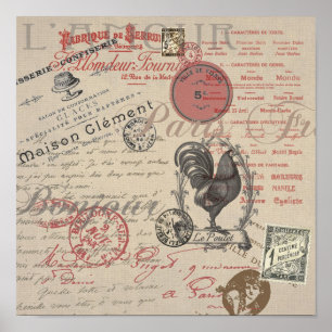 Vintage-Französische-Schreibschrift Paris Rooster Poster