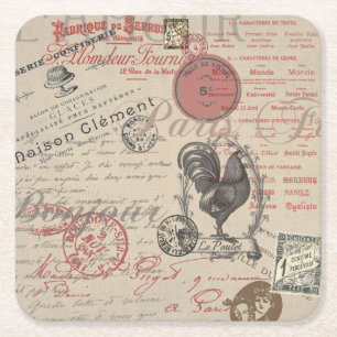 Vintage-Französische-Schreibschrift Paris Rooster Rechteckiger Pappuntersetzer
