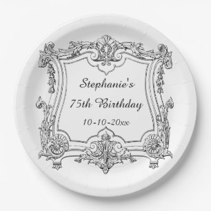 Vintage-Französische-Schriftrolle 75. Geburtstag Pappteller