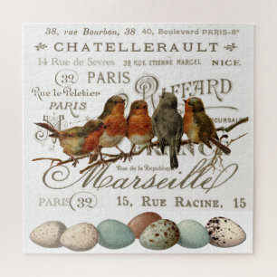 Vintage-französische Stadtnamen-Puzzle "Vögel und Puzzle