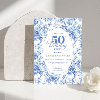 Vintage-französische Toile-Blaurose 50. Geburtstag Einladung
