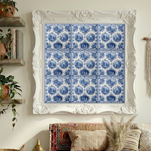 Vintage-Französische-Toile-Landschaftsidylle  Fliese (Vintage French Toile Pastoral Countryside Scenery Ceramic Tile)