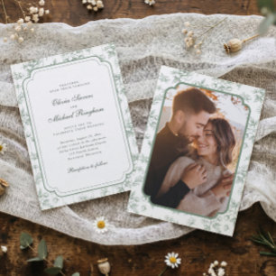 Vintage Französische Toile Sagegrün Foto-Hochzeit Einladung