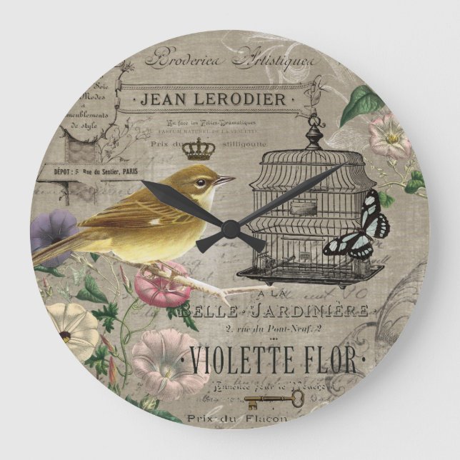 Vintage französische Vogeluhr Große Wanduhr (Vorderseite)