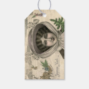 Vintage französische Weihnachtsdame Ecru-Geschenka Geschenkanhänger