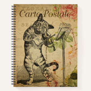 Vintage französischer Kunstdruck, Katze und Fiedel Notizbuch