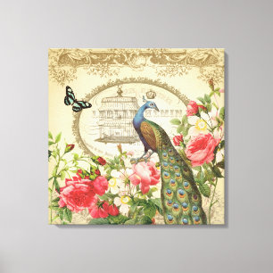 Vintage Französischer Pfau auf Keilrahmenleinwand Leinwanddruck