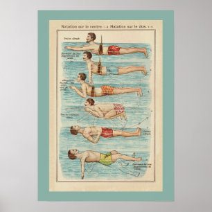 Vintage-Französischer-Schwimmunterrichts-Plakat Poster
