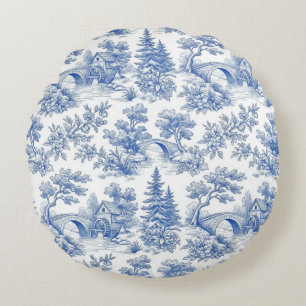 Vintage-Französischer Toile de Jouy-Landschaft Rundes Kissen