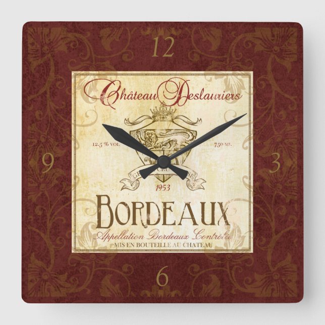 Vintage französischer Wein-Aufkleber-Wand-Uhr Quadratische Wanduhr (Vorderseite)
