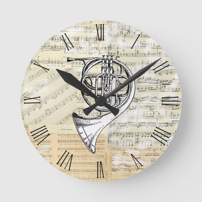Vintage französisches Horn-Musik-Uhr Runde Wanduhr (Vorderseite)