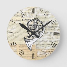 Vintage französisches Horn-Musik-Uhr Runde Wanduhr