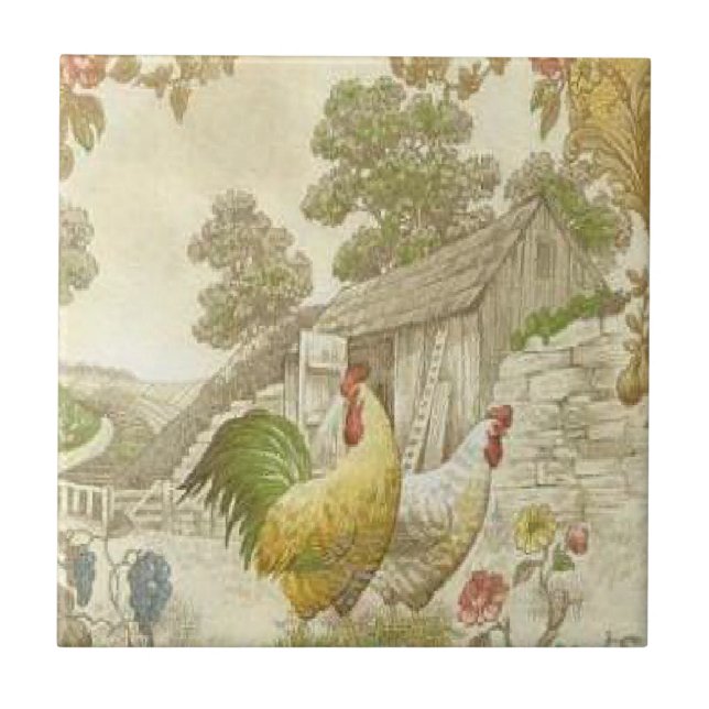 Vintage Französisches Landhahn/-henne Keramikflies Fliese (Vorderseite)