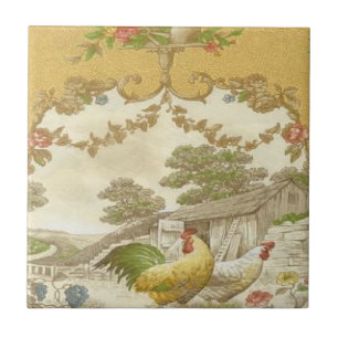 Vintage Französisches Landhahn Henne Keramikfliese