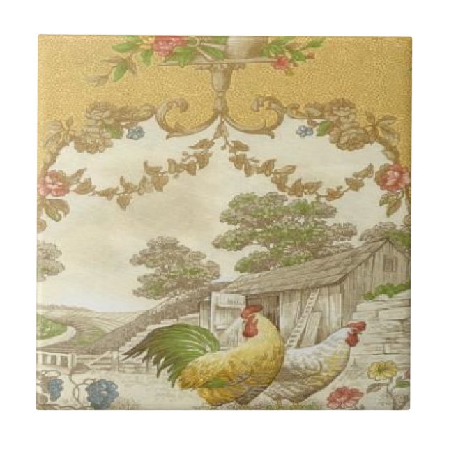 Vintage Französisches Landhahn Henne Keramikfliese (Vorderseite)