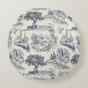 Vintage Französisches Landhaus "Blaue Toile de Jou Rundes Kissen