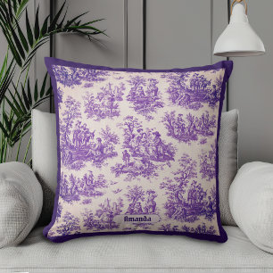 Vintage französisches lila Blumen-Toile-Monogramm Kissen