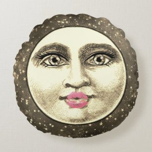 Vintage Frau auf dem Mond, ein einzigartiges, skur Rundes Kissen