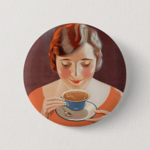Vintage-Frau beim Teetrinken Malerei Anzeigen Button