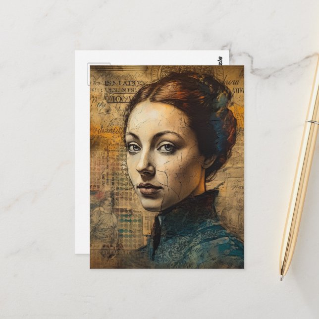 Vintage Frau Collage Grunge Postkarte (Vorderseite/Rückseite Beispiel)