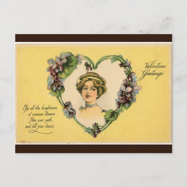 Vintage Frau Gerahmt mit Violetten Herzchen Valent Postkarte (Vorderseite)