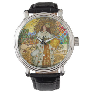 Vintage Frau Goldene Sonne: Löwe Sternzeichen Coll Armbanduhr