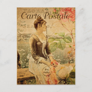 Vintage-Frau im ländlichen Blumenblumen Französisc Postkarte