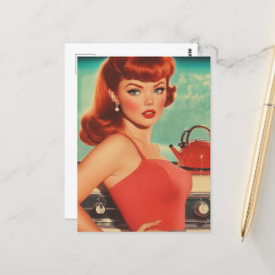 Vintage Frau in der Küche in einem roten Kleid Postkarte