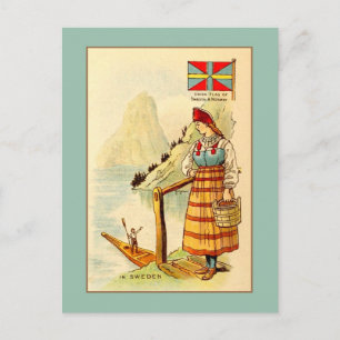 Vintage-Frau in Schweden, Unionsflagge, Berge Postkarte