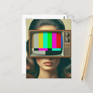 Vintage Frau mit Fernseher auf ihrem Gesicht Postkarte
