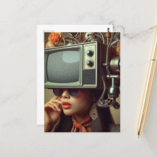 Vintage Frau mit Fernseher auf ihrem Kopf Steampun Postkarte