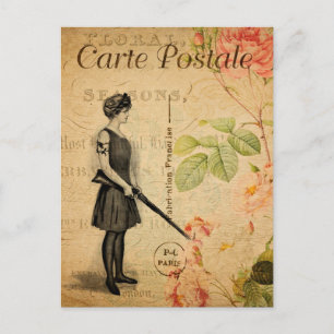 Vintage-Frau mit Pistole Florale Blumen Französisc Postkarte