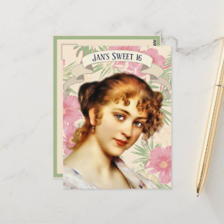Vintage Frau mit rosa Hibiskus Blume Einladung Postkarte
