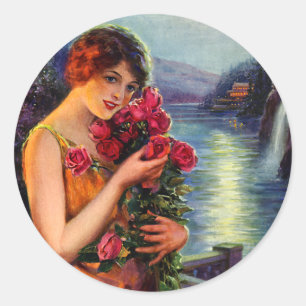Vintage Frau mit Rote Rosen im Mondlicht Runder Aufkleber