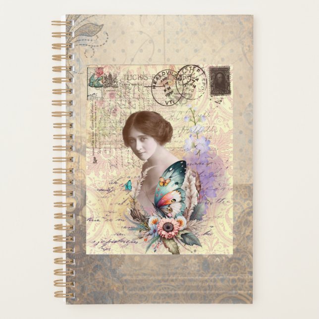 Vintage Frau mit Schmetterling und Flora Planer (Vorderseite)