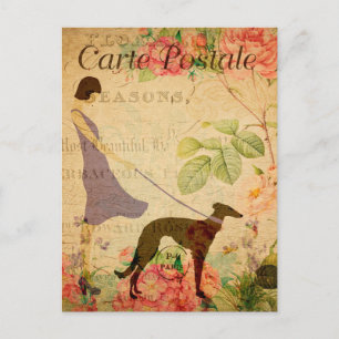 Vintage Frau und Hund Blumen Französisch 1920er Ja Postkarte